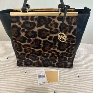 MK  Lana Leopard-Print Haircalf with Leather Trim